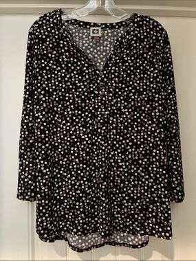 Polka Dot V-Neck Blouse - Black with Multi-color Dots (Large)
